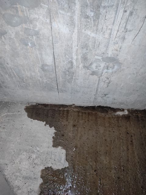 Perete de beton de subsol, cu pardoseala udă la bază