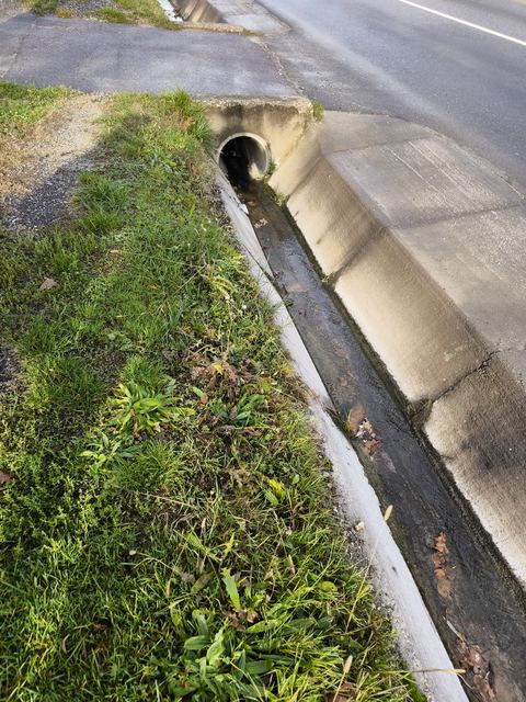 Rigolă de beton pe marginea unui drum, cu apă care curge spre un podeț